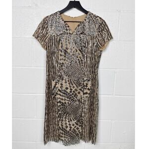 Anna Sui Sequin Dress Womens Medium Nude Silver Geometric Fringe